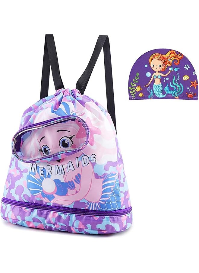 promass Children's swimming backpack, drawstring children's swimming bag, beach bag, sports fitness bag, dry and wet separation, suitable for children, men, women. (Purple Rose)