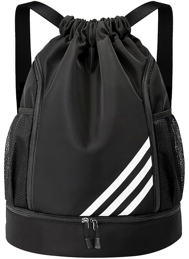 Drawstring Backpack Water Resistant String Bag Gym Sports with Shoe Compartment Side Mesh Pockets for Women Men