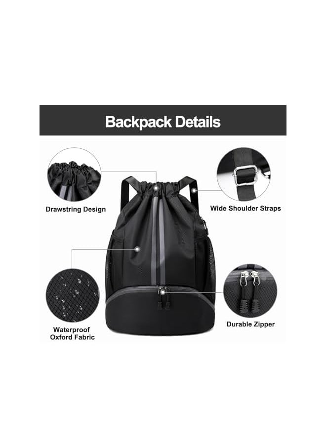 Sports Drawstring Backpack - String Swim Gym Bag with Shoes Compartment and Wet Proof Pocket for Women&Men， Pull String Sport Bag for Soccer and Basketball.