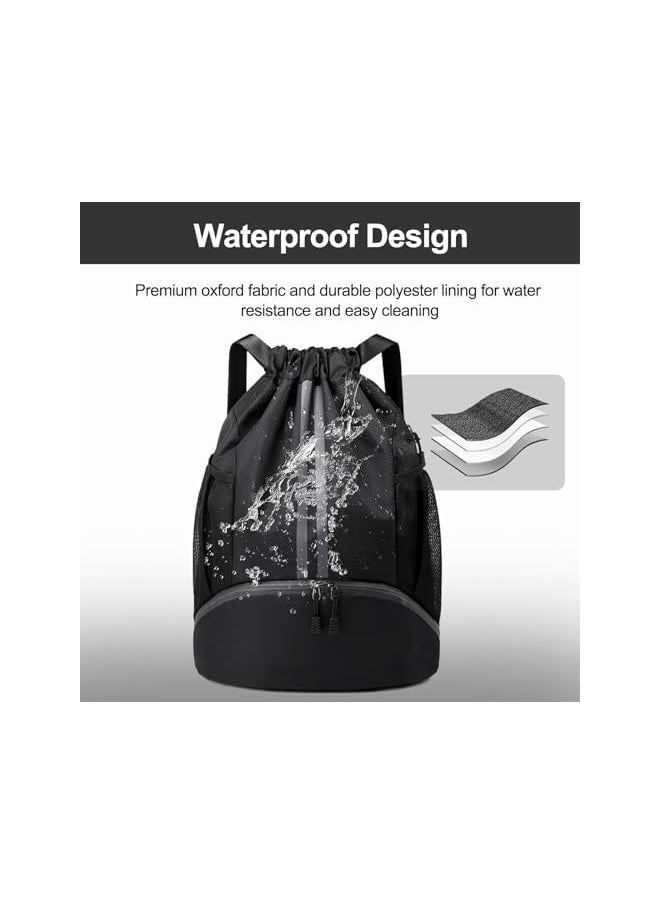 Sports Drawstring Backpack - String Swim Gym Bag with Shoes Compartment and Wet Proof Pocket for Women&Men， Pull String Sport Bag for Soccer and Basketball.