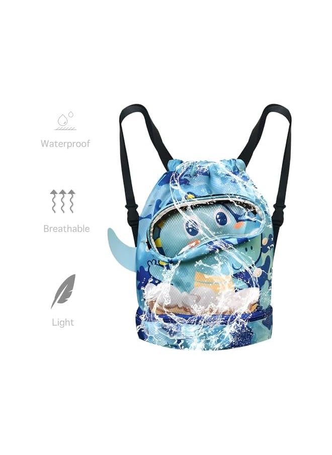 promass Swim Bag for Kids, Kids Drawstring Backpack, Lightweight Waterproof Drawstring Sackpack, Dinosaur Drawstring Swim Bag, Beach Pack with Shoe Compartment, Suitable for Gym Beach and Pool