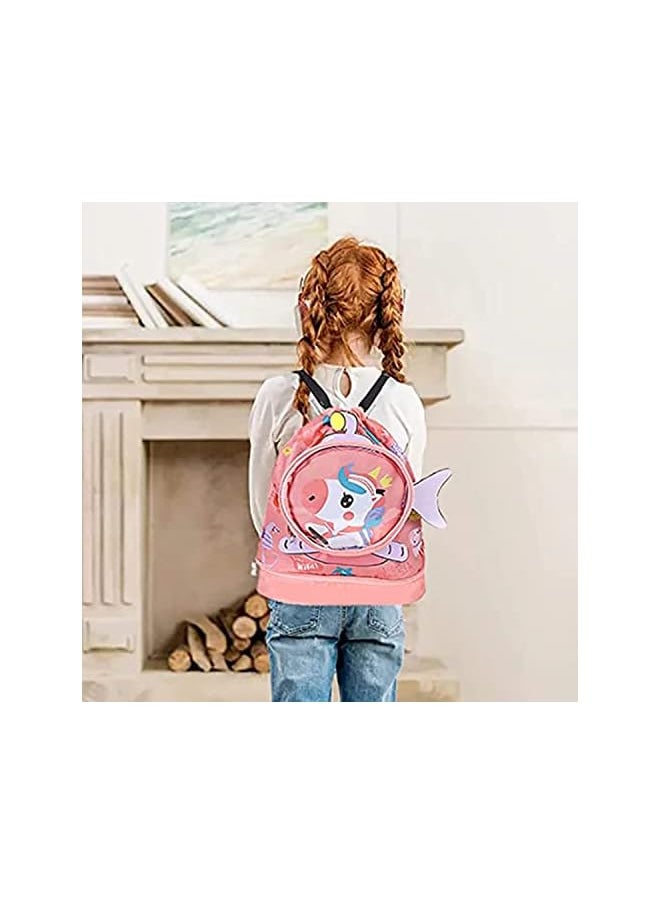 promass Children's Drawstring Bags Swimming Backpack, Drawstring Children's Swimming Bag, Beach Bag, Sports Fitness Bag, Dry and Wet Separation, Suitable for Children, Men and Momen. (Red Unicorn)