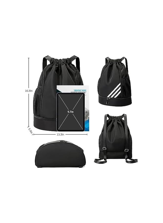 promass Drawstring Backpack Water Resistant String Bag Gym Sports with Shoe Compartment Side Mesh Pockets for Women Men