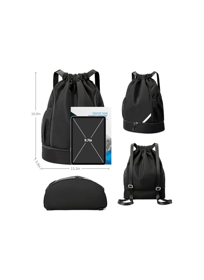 promass Drawstring Backpack Water Resistant String Bag Gym Sports with Shoe Compartment Side Mesh Pockets for Women Men