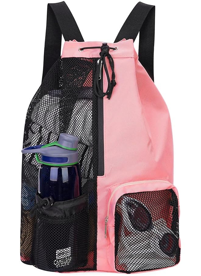 Swimming Drawstring Bag,Backpack with Wet Pockets,Beach Storage Backpacks,Mesh Swim Equipment Beach Bag for Swimming, Gym, and Workout Gear(Pink)