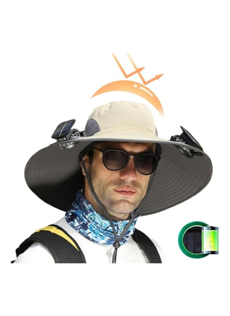 Wide Brim Solar-Powered Fan Hat for Outdoor Activities - USB Rechargeable Sunscreen Hat with UPF 50+ Protection, Upgraded Sun Visor for Fishing and Beach Use.