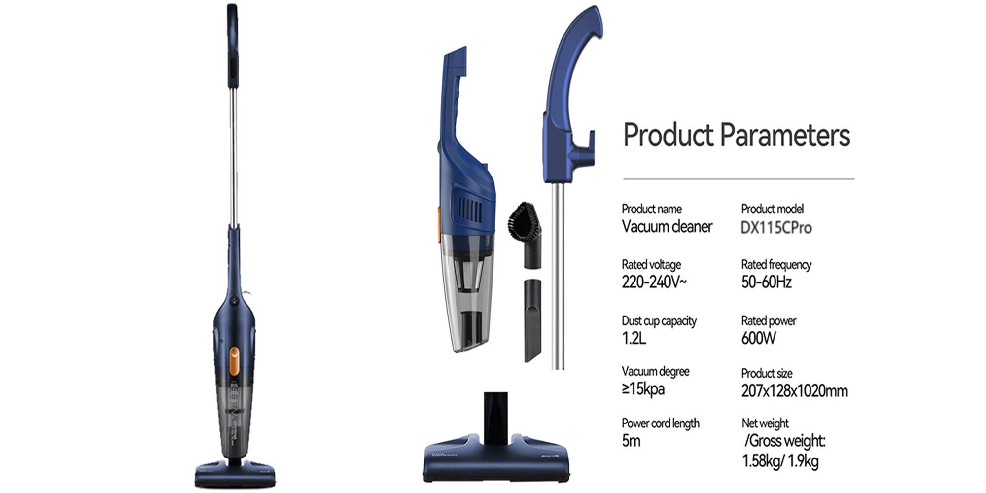 Vacuum Cleaner, Light Weight Handheld Vacuum Cleaner, 12kPa Strong Suction, Three Brush Heads, Triple Layer Filtration, 1.2L Large Dust Cup, Washable Filter and Easy to Assemble - 1.2 L 600 W DX115C-Pro Blue