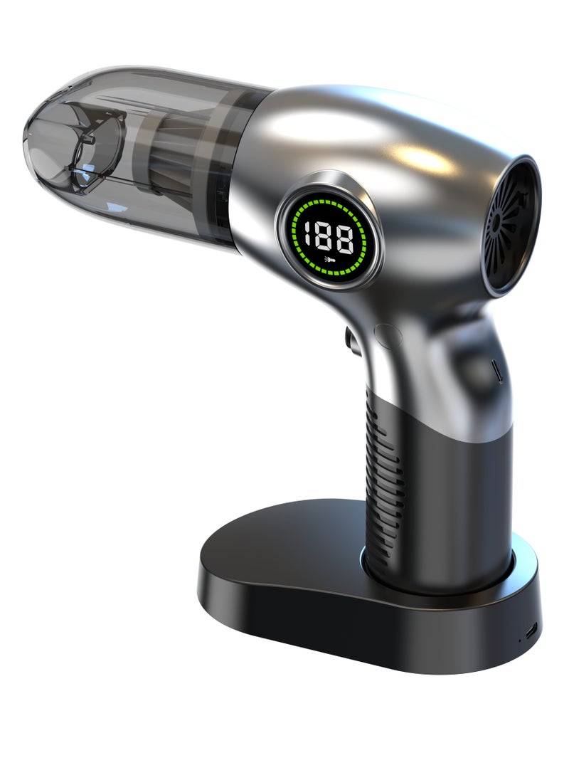 3 In 1 Vacuum Cleaner, Dust Blower & Air Pump with Digital Display and 3 Speed Gears / 95W Power / 72000 RPM / ABS + PC Material / Charging Base / Brushless Motor / Type-C Charging / GB-196 - Silver