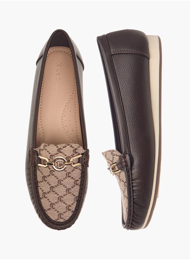 Women Monogram Textured Slip-On Loafers with Metallic Accent