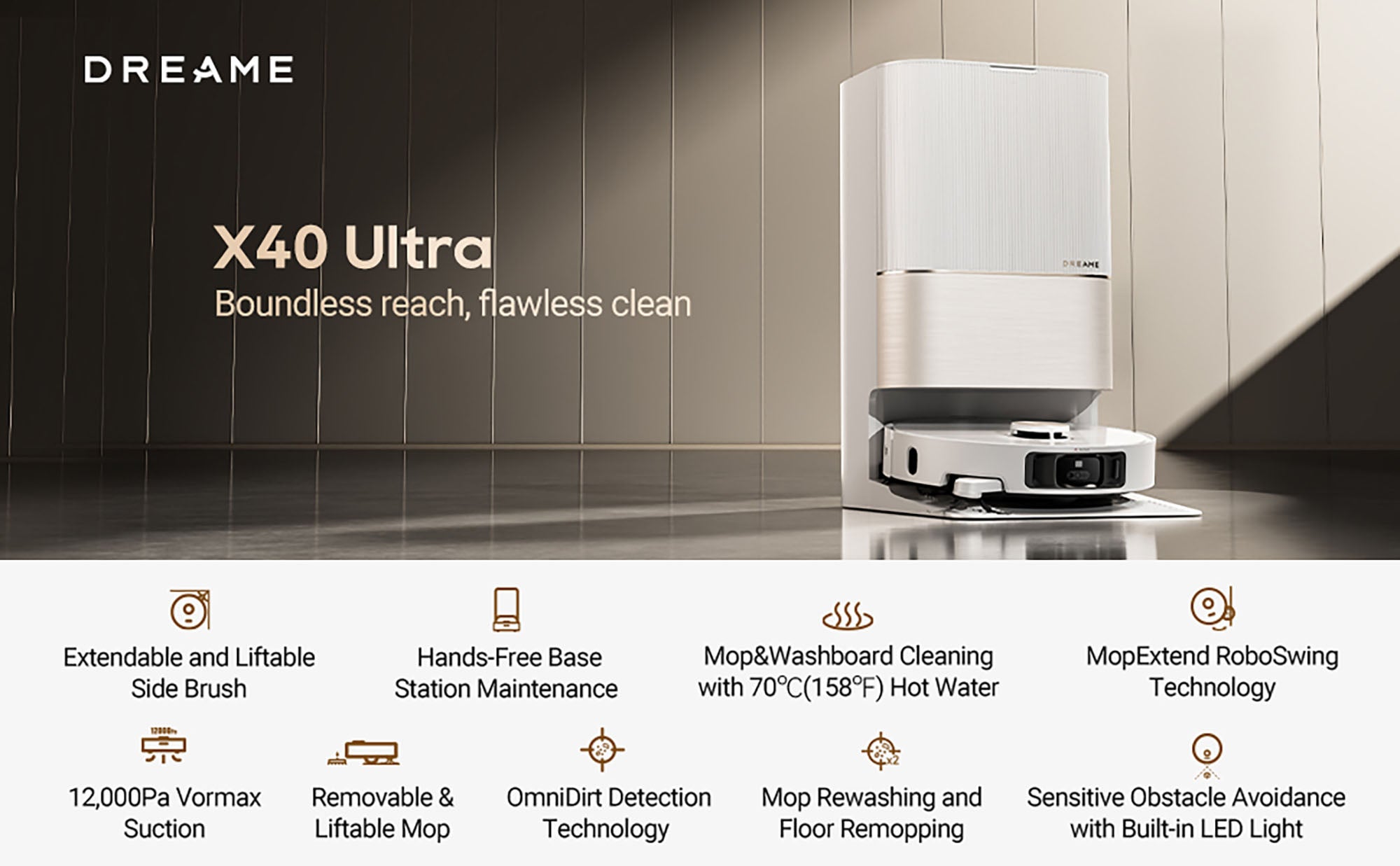 Dreame X40 Ultra Complete Robot Vacuum Cleaner, 12000 Pa Robotic Vacuum with Removable and Lift Mop, Extensive Cleaning with Side Brushes, MopExtend technology, Self-Cleaning Mop in 70° Hot Water 50 W RLX63CE-2 White