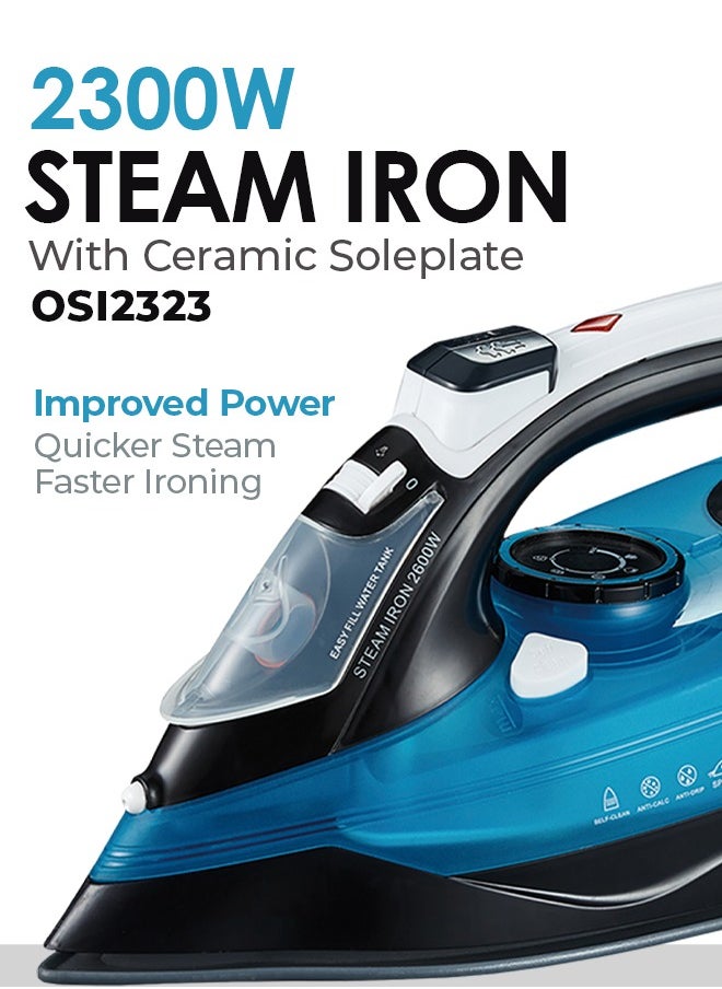 Advanced 2300W Steam Iron Box with Ceramic Soleplate - Burst & Vertical Steam - Adjustable Thermostat - Overheat Protection - 360 Degree Cord - 1.9M Cable - 400ML Water Tank