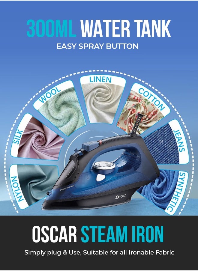 High-Power 2300W Steam Iron with Ceramic Soleplate - Burst & Vertical Steam - Adjustable Thermostat - Overheat Protection - 360 Degree Cord - 1.9M Cable - 300ML Water Tank