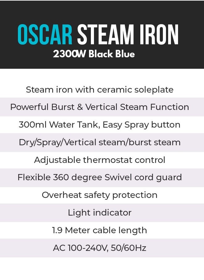 High-Power 2300W Steam Iron with Ceramic Soleplate - Burst & Vertical Steam - Adjustable Thermostat - Overheat Protection - 360 Degree Cord - 1.9M Cable - 300ML Water Tank