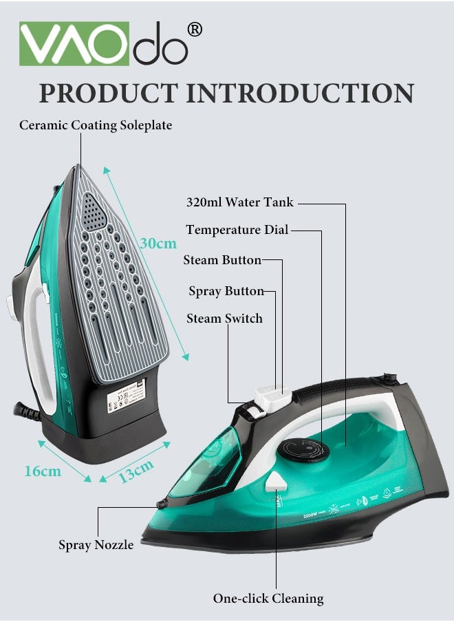 2200W Steam Iron, Non Stick Soleplate Spray Mist, Anti-Drip, Adjustable Thermostat Control, Variable Steam Control, Self-Clean,Light Weight,320ML Water Tank Iron