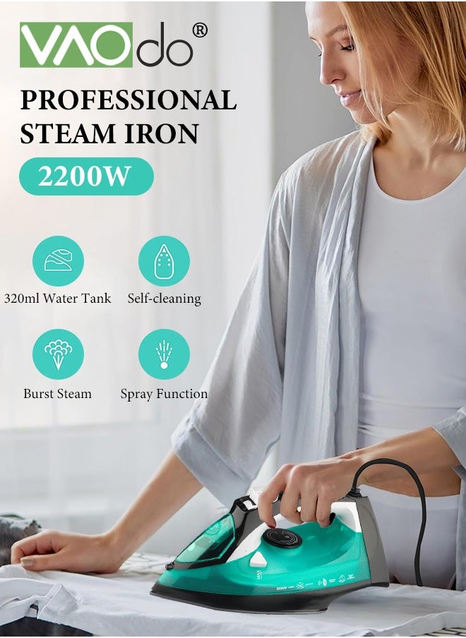 2200W Steam Iron, Non Stick Soleplate Spray Mist, Anti-Drip, Adjustable Thermostat Control, Variable Steam Control, Self-Clean,Light Weight,320ML Water Tank Iron