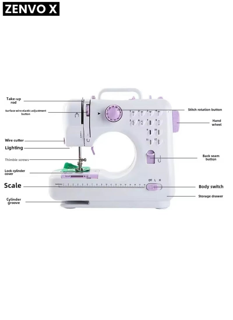 Electric Sewing Machine, 12-Needle Two-Way Household Portable Sewing Machine for Sewing, Overlocking, and Buttonholes