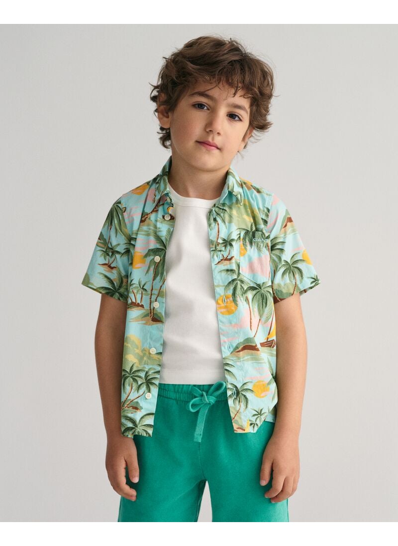 Gant Kids Palm Print Cotton Short Sleeve Shirt