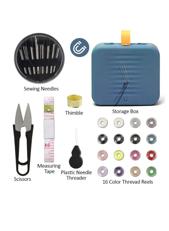 Sewing Kit, Travel Portable Sewing Supplies, for Home, Travel & Emergency, Filled with Mending and Sewing Needles, Magnetite, Scissors, Thimble, Thread, Tape Measure etc 21pcs Blue