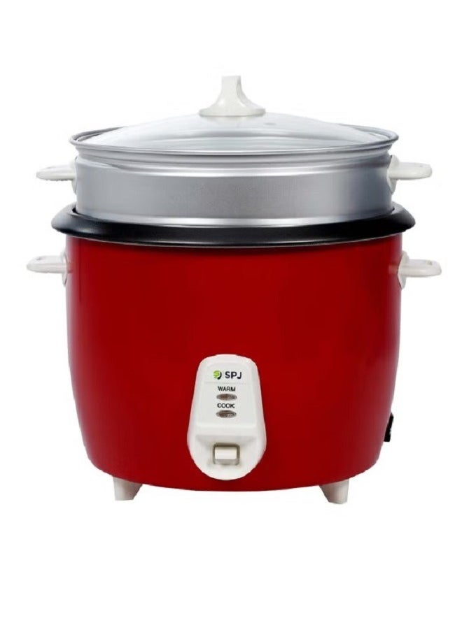 SPJ 2.2 Liter Rice Cooker, Electric Rice Cooker, 1071 Watts Rice Cooker With Steamer, Tempered Glass Lid, Non-Stick Aluminium Inner Pot, Automatic Keep Warm Function, RED, RCU05-RD2203