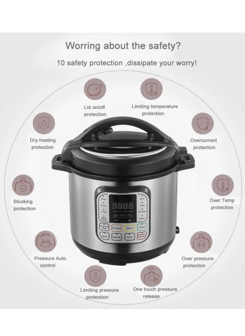 Intelligent electric pressure cooker with 10 levels of safety protection, multifunctional and removable stainless steel inner pot for fast, safe and versatile cooking.