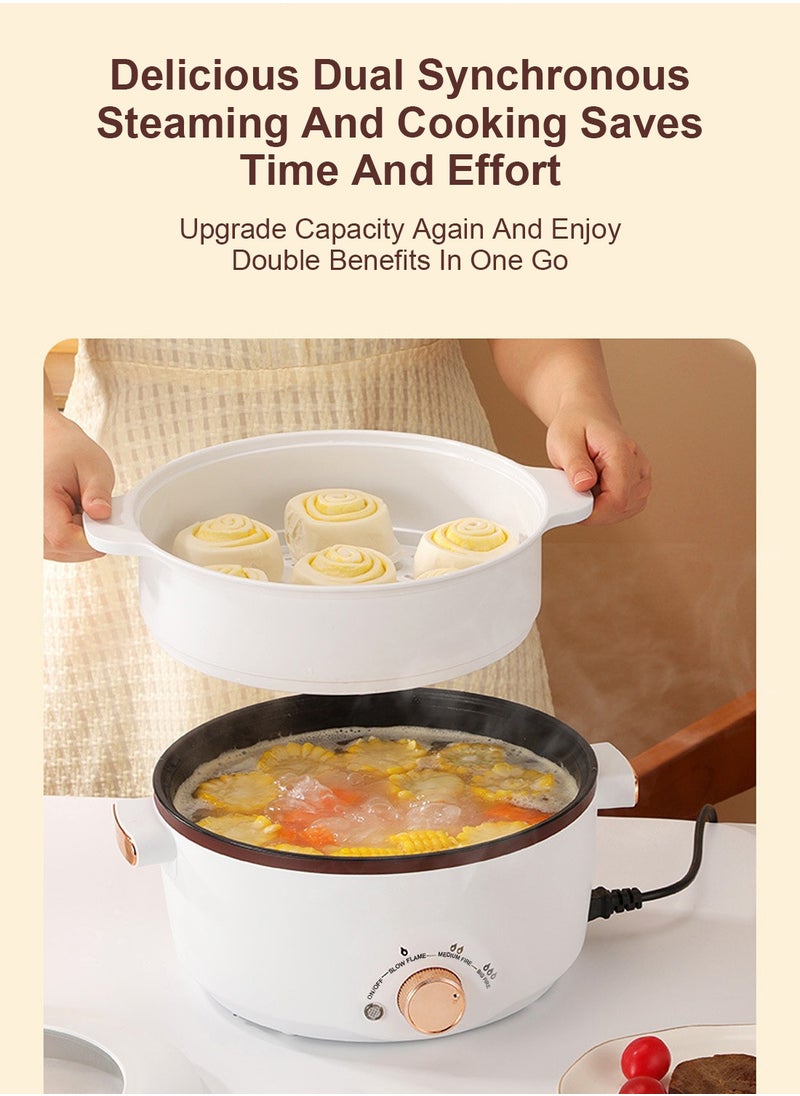 Electric Hot Pot with Steamer, 4L Multifunctional Non-Stick Electric Cooker Egg Cooker, for Stir Fry/Stew/Steam, Perfect for Noodles/Soup/Egg/Oatmeal 1000W SC-28OD White