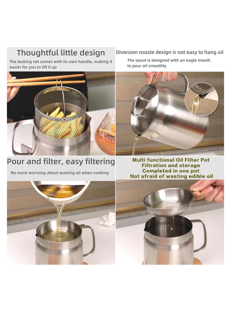1.5L Stainless Steel Large Capacity Oil Fryer And Filter Cup Combo, 304 Stainless Steel Oil Filter Pot, Small fryer, with Fried Basket