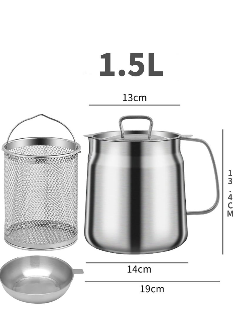 1.5L Stainless Steel Large Capacity Oil Fryer And Filter Cup Combo, 304 Stainless Steel Oil Filter Pot, Small fryer, with Fried Basket