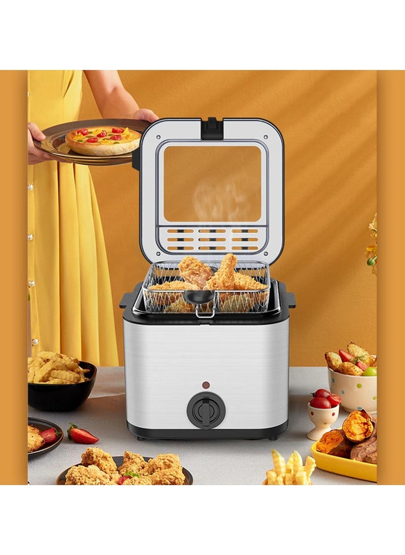 Electric Deep Fryer 2.5L Stainless Steel Chip Fryer with Viewing Window, Cold Zone Technology, Adjustable Temperature Up to 180°C, Removable Oil Basket, Automatic Fryer for Perfect Fries & Snacks