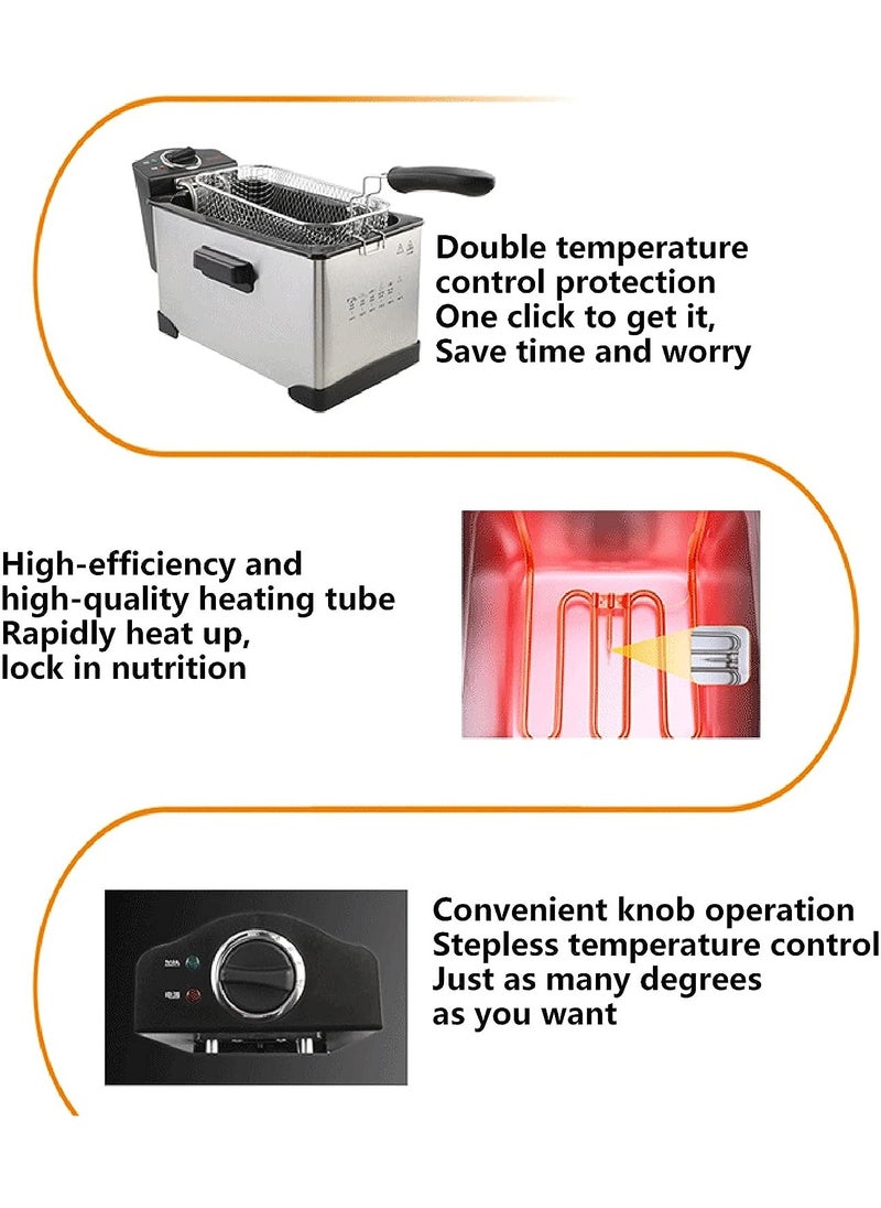 Deep Fryer Stainless Steel 3.0 LTR Capacity Adjustable Temperature Control Stainless Steel Removable Oil Container.