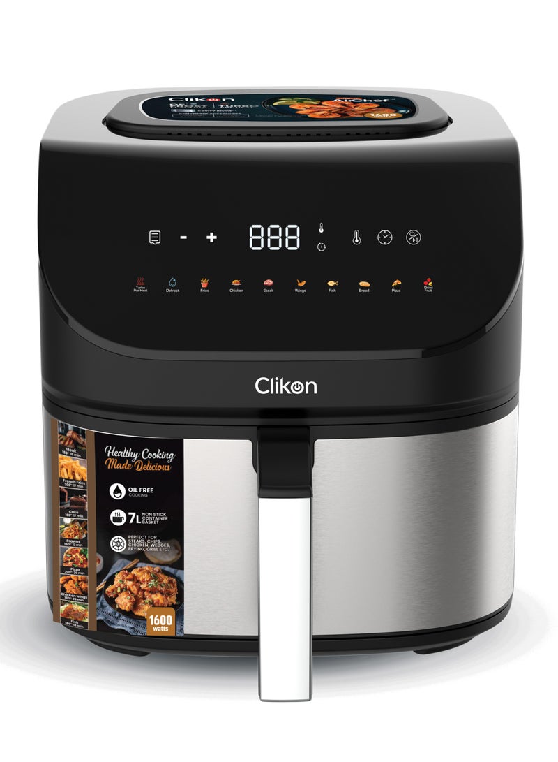 Air Fryer, 1600W, 7L Large Capacity, Digital Touch Control, 10 Preset Functions, 60 MinuteTimer, Overheating Protection,Turbo Pre Heat,De frost Function 7 L 1600 W CK368 Black/Silver