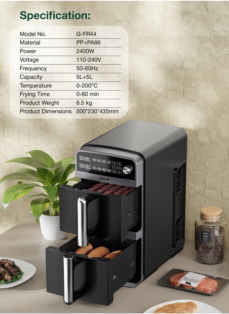 Double Decker Air Fryer 10L (5L+5L) 2400W with 6 Preset Programs/ Air Fry / Roast / Broil / Bake / Air Fry / Dehydrate / Reheat / Two Non-Stick Pots/ Non-Stick Racks / Efficient Cooking / Healthy Meals - Black