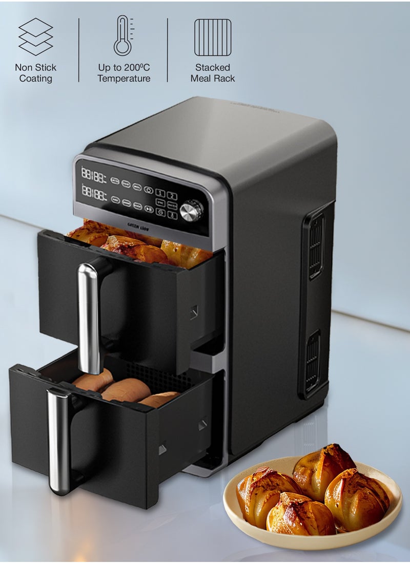 Double Decker Air Fryer 10L (5L+5L) 2400W with 6 Preset Programs/ Air Fry / Roast / Broil / Bake / Air Fry / Dehydrate / Reheat / Two Non-Stick Pots/ Non-Stick Racks / Efficient Cooking / Healthy Meals - Black
