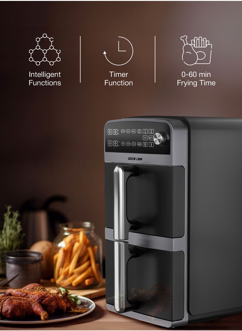 Double Decker Air Fryer 10L (5L+5L) 2400W with 6 Preset Programs/ Air Fry / Roast / Broil / Bake / Air Fry / Dehydrate / Reheat / Two Non-Stick Pots/ Non-Stick Racks / Efficient Cooking / Healthy Meals - Black
