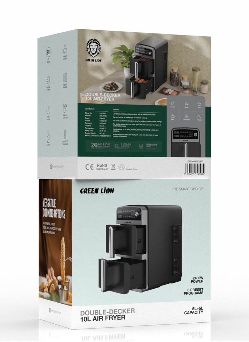 Double Decker Air Fryer 10L (5L+5L) 2400W with 6 Preset Programs/ Air Fry / Roast / Broil / Bake / Air Fry / Dehydrate / Reheat / Two Non-Stick Pots/ Non-Stick Racks / Efficient Cooking / Healthy Meals - Black