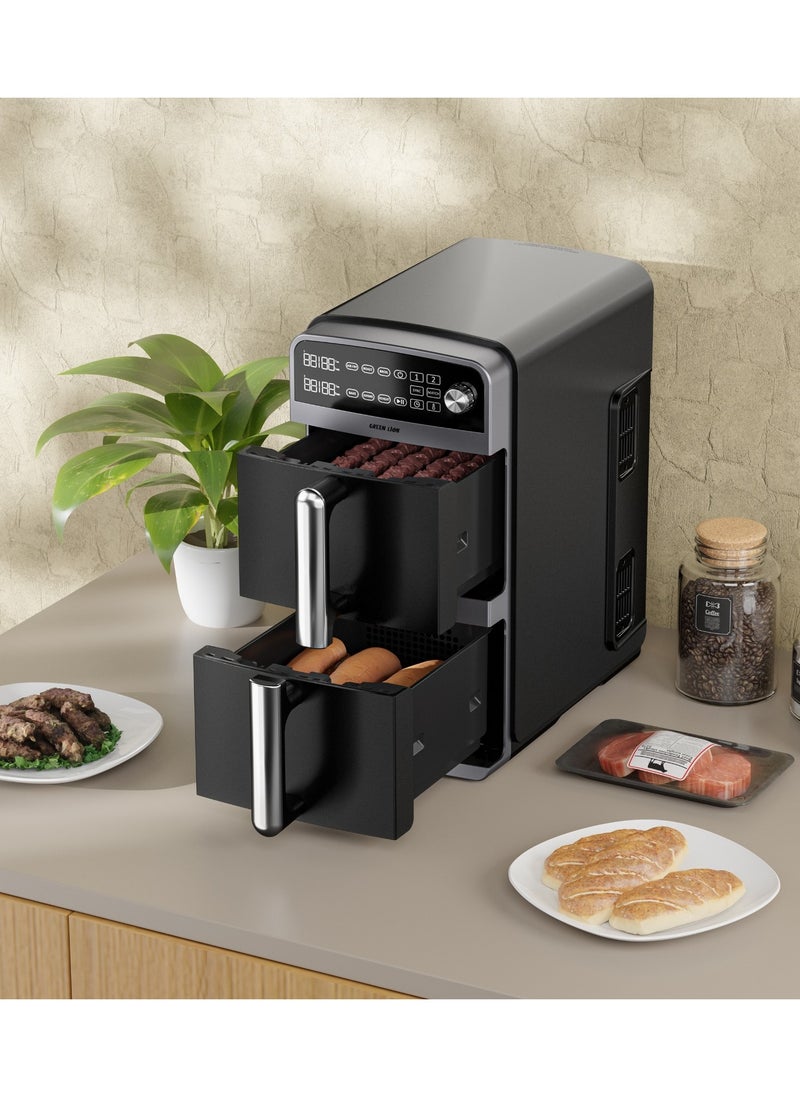 Double Decker Air Fryer 10L (5L+5L) 2400W with 6 Preset Programs/ Air Fry / Roast / Broil / Bake / Air Fry / Dehydrate / Reheat / Two Non-Stick Pots/ Non-Stick Racks / Efficient Cooking / Healthy Meals - Black
