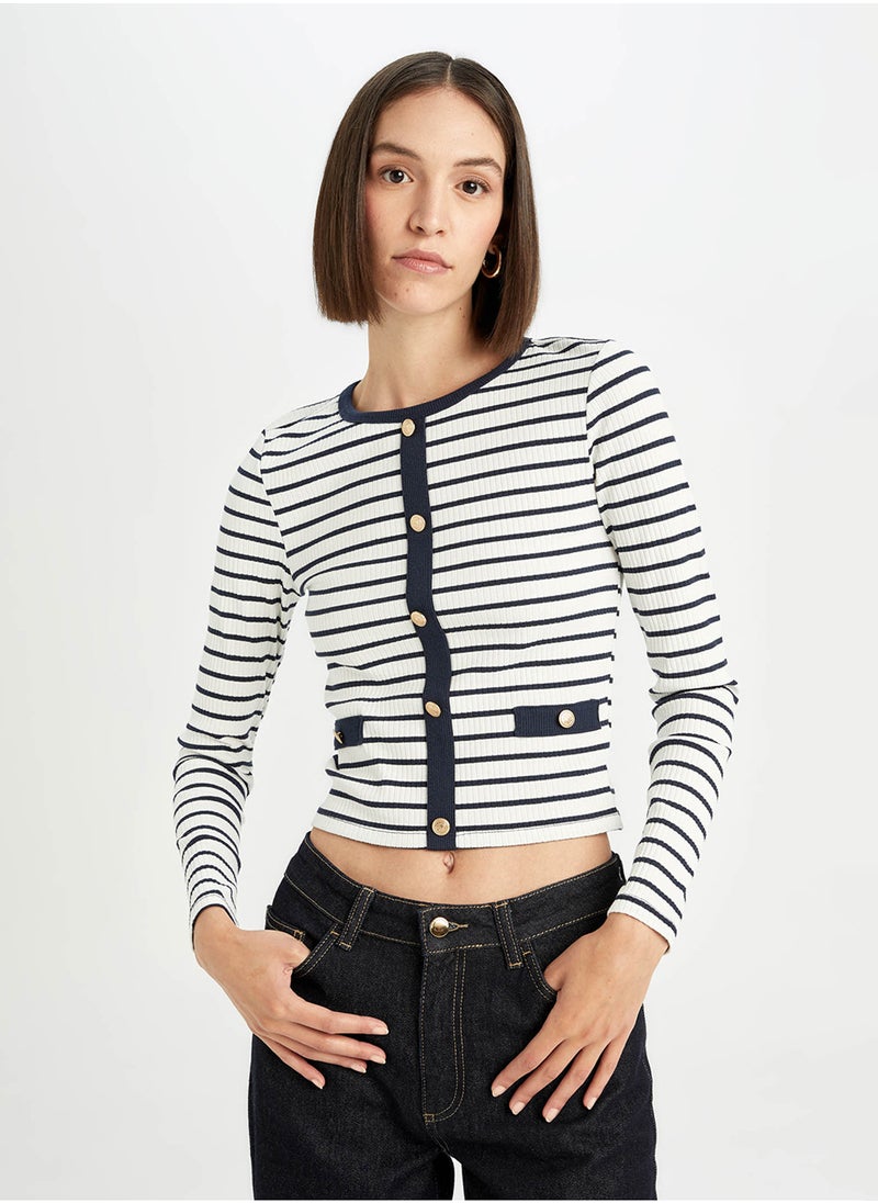 Slim Fit Striped Button-Up Smart Ribbed Long Sleeve T-Shirt