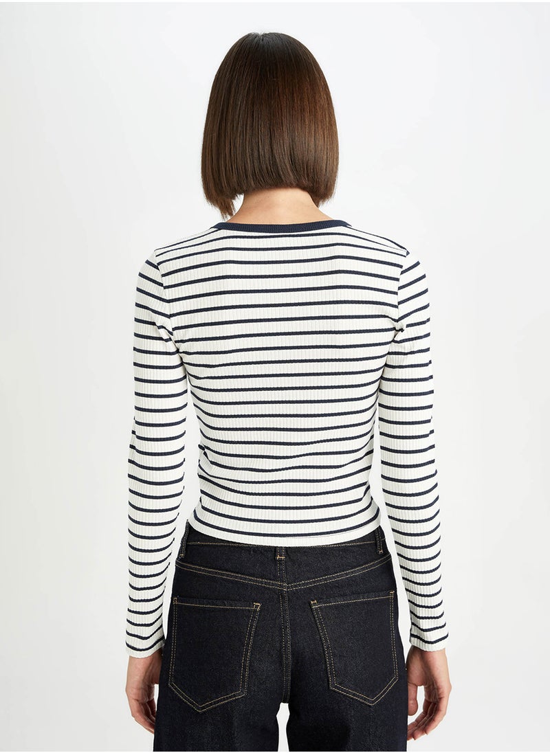 Slim Fit Striped Button-Up Smart Ribbed Long Sleeve T-Shirt