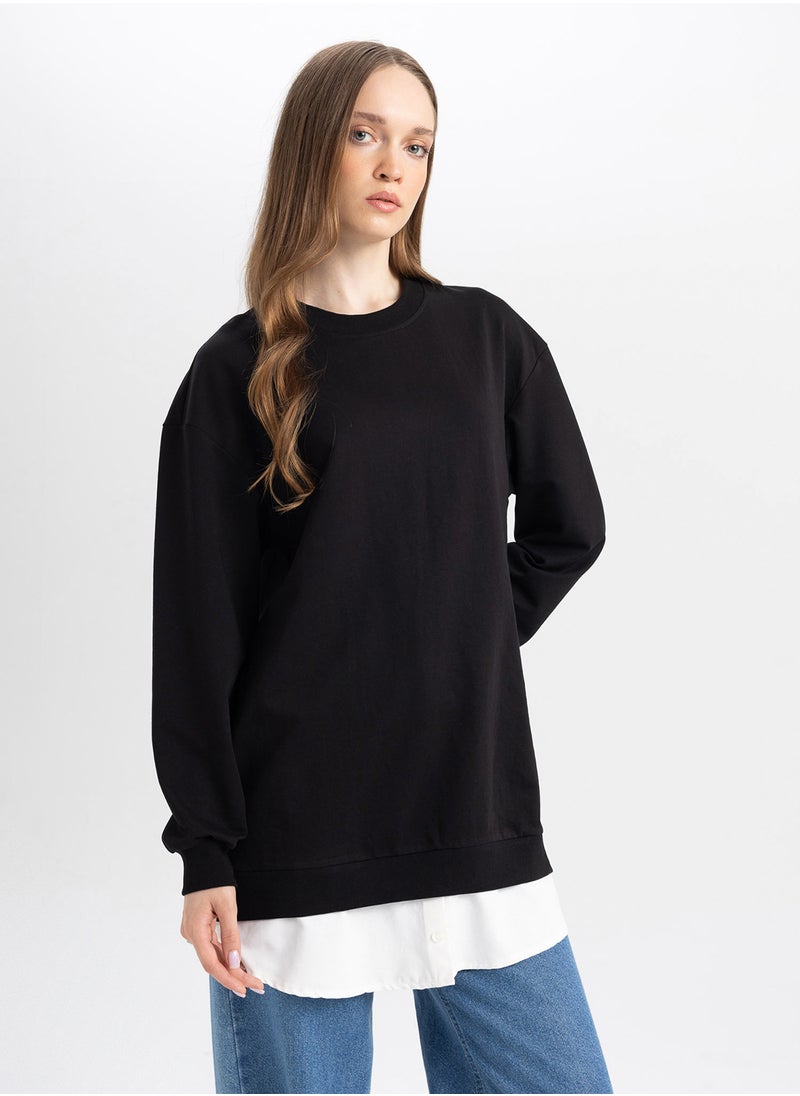 Black Regular Fit Crew Neck Tunic With Hem Detail