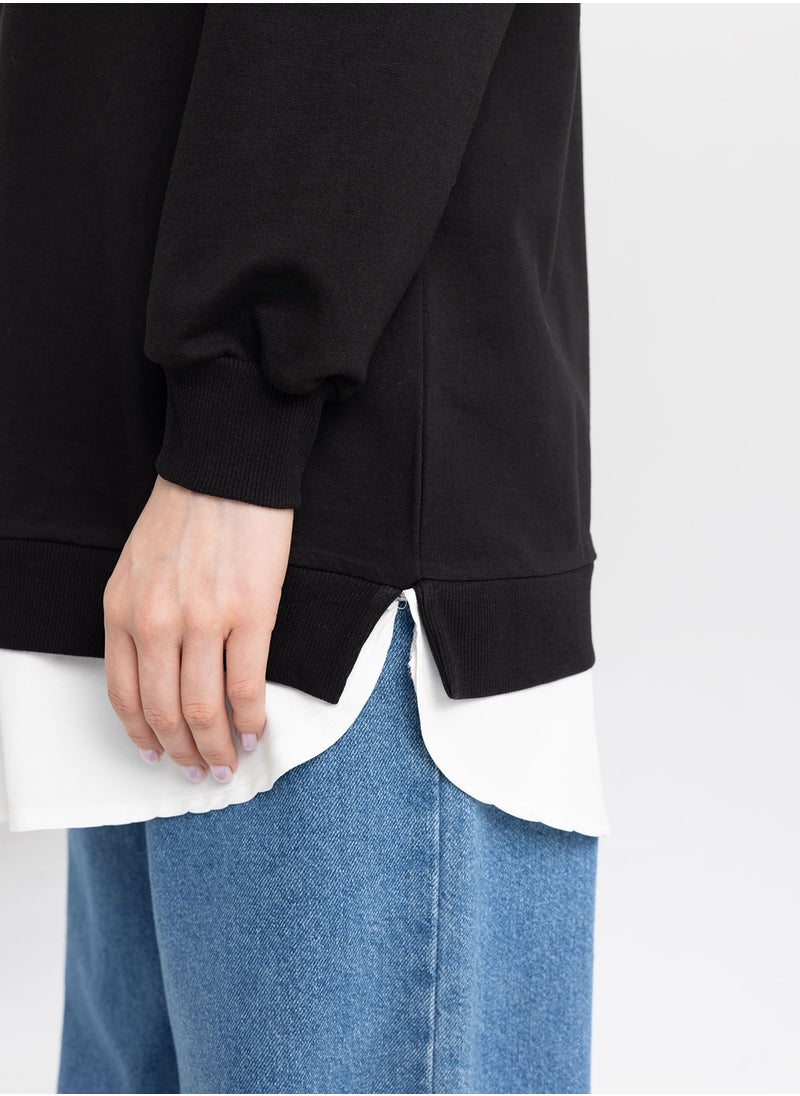 Black Regular Fit Crew Neck Tunic With Hem Detail