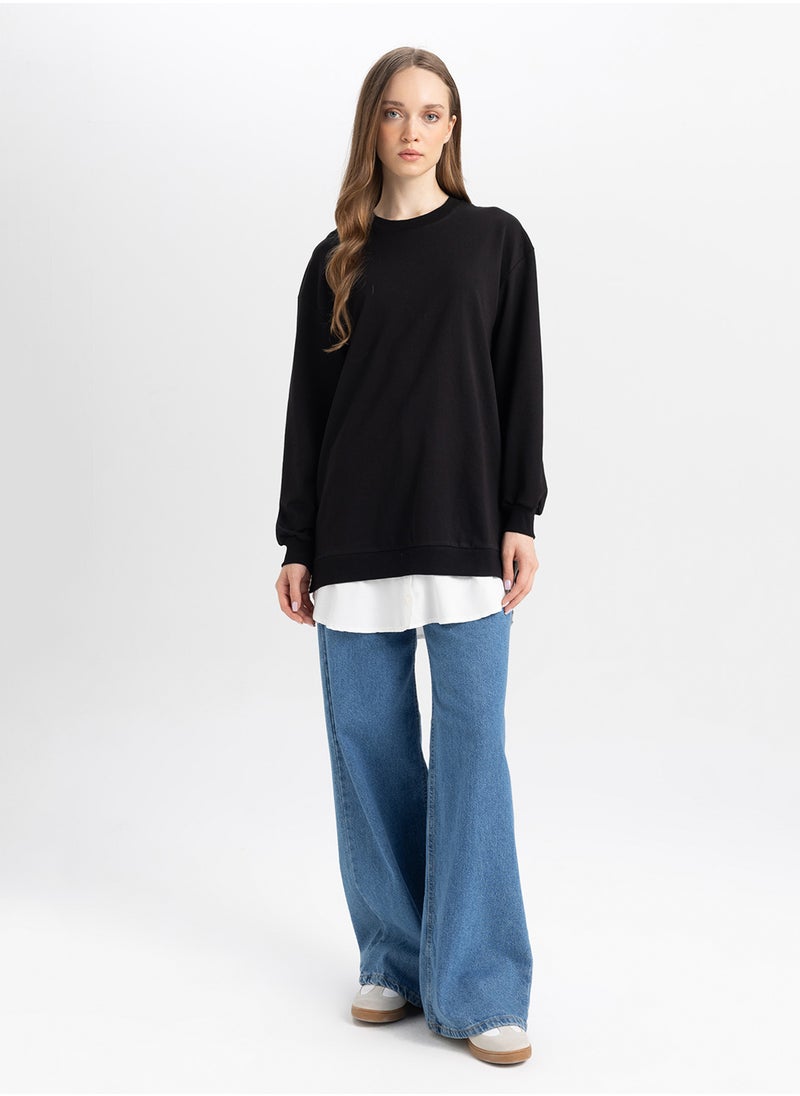 Black Regular Fit Crew Neck Tunic With Hem Detail