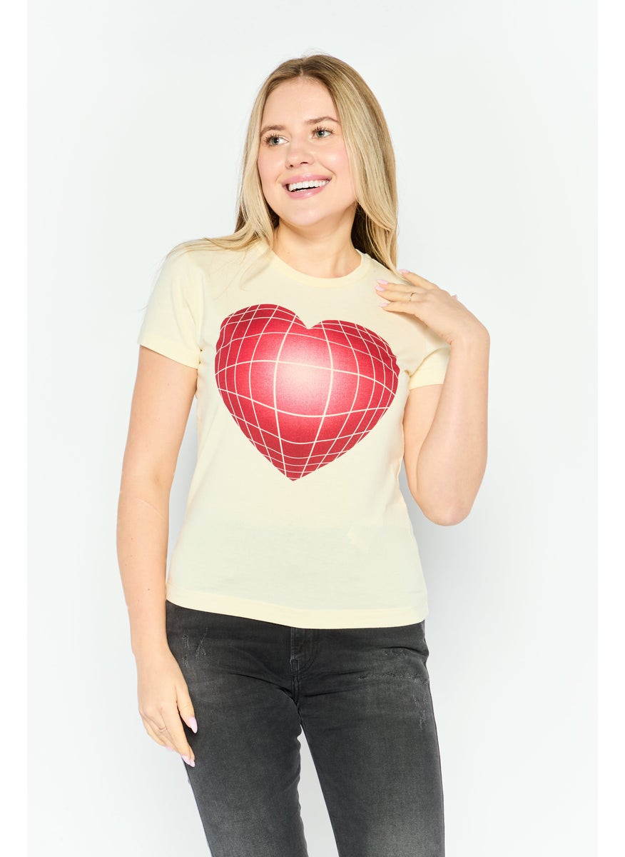 Women Crew Neck Short Sleeve Graphic Top, Cream Combo