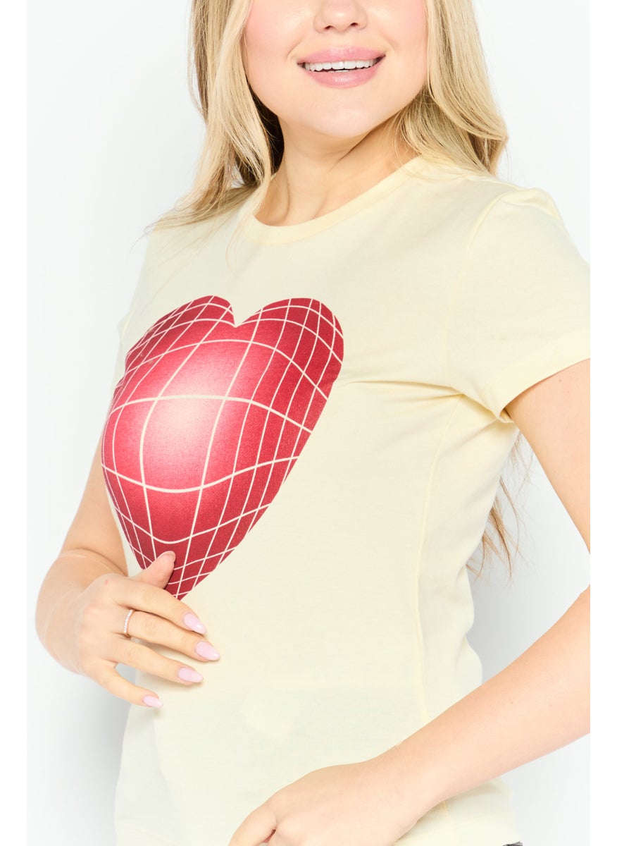 Women Crew Neck Short Sleeve Graphic Top, Cream Combo