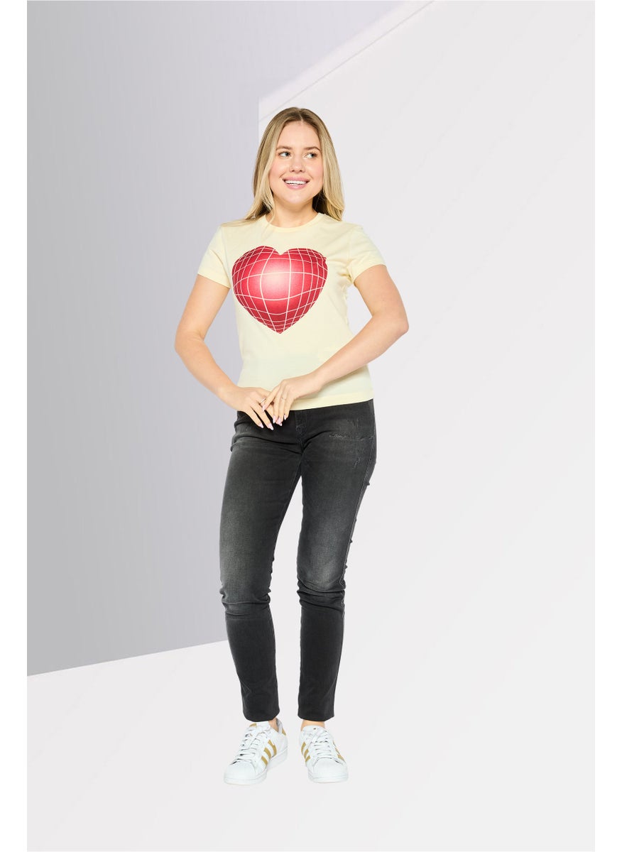 Women Crew Neck Short Sleeve Graphic Top, Cream Combo