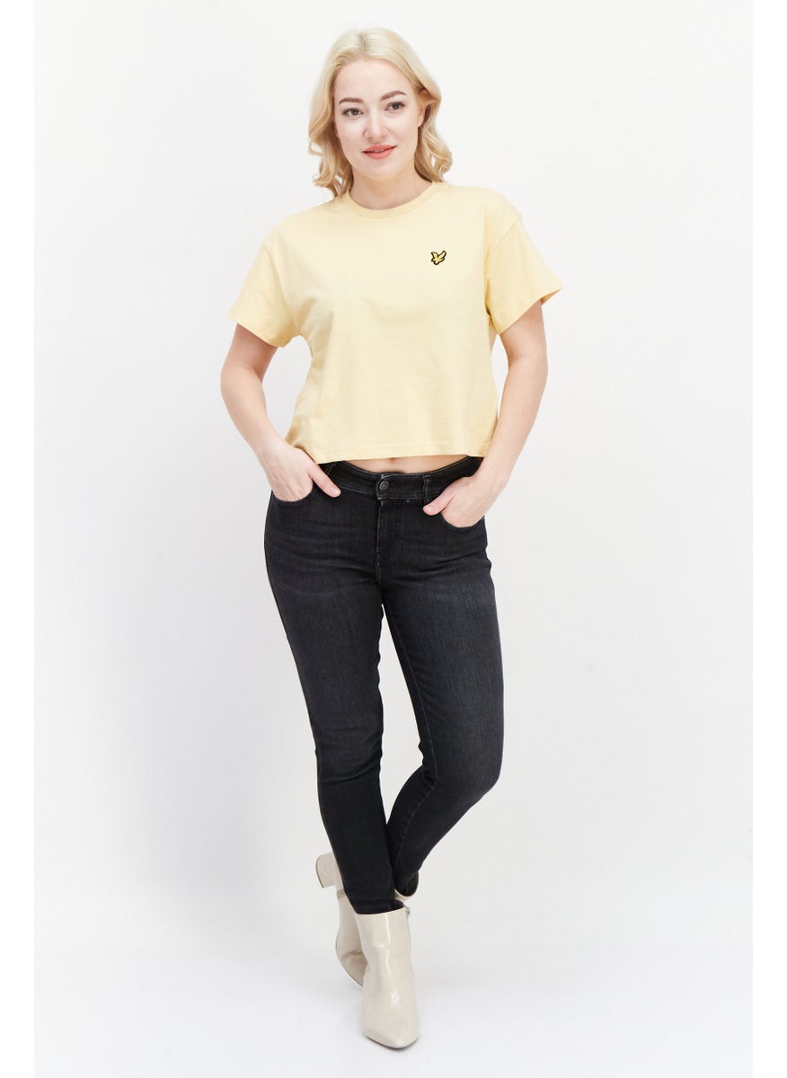 Women Crew Neck Short Sleeves Embroidered T-Shirt, Yellow