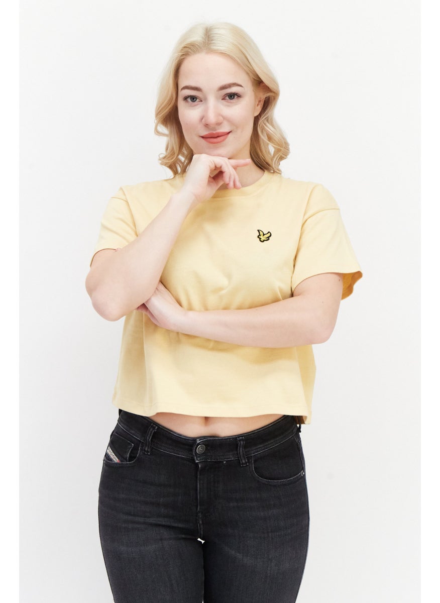 Women Crew Neck Short Sleeves Embroidered T-Shirt, Yellow