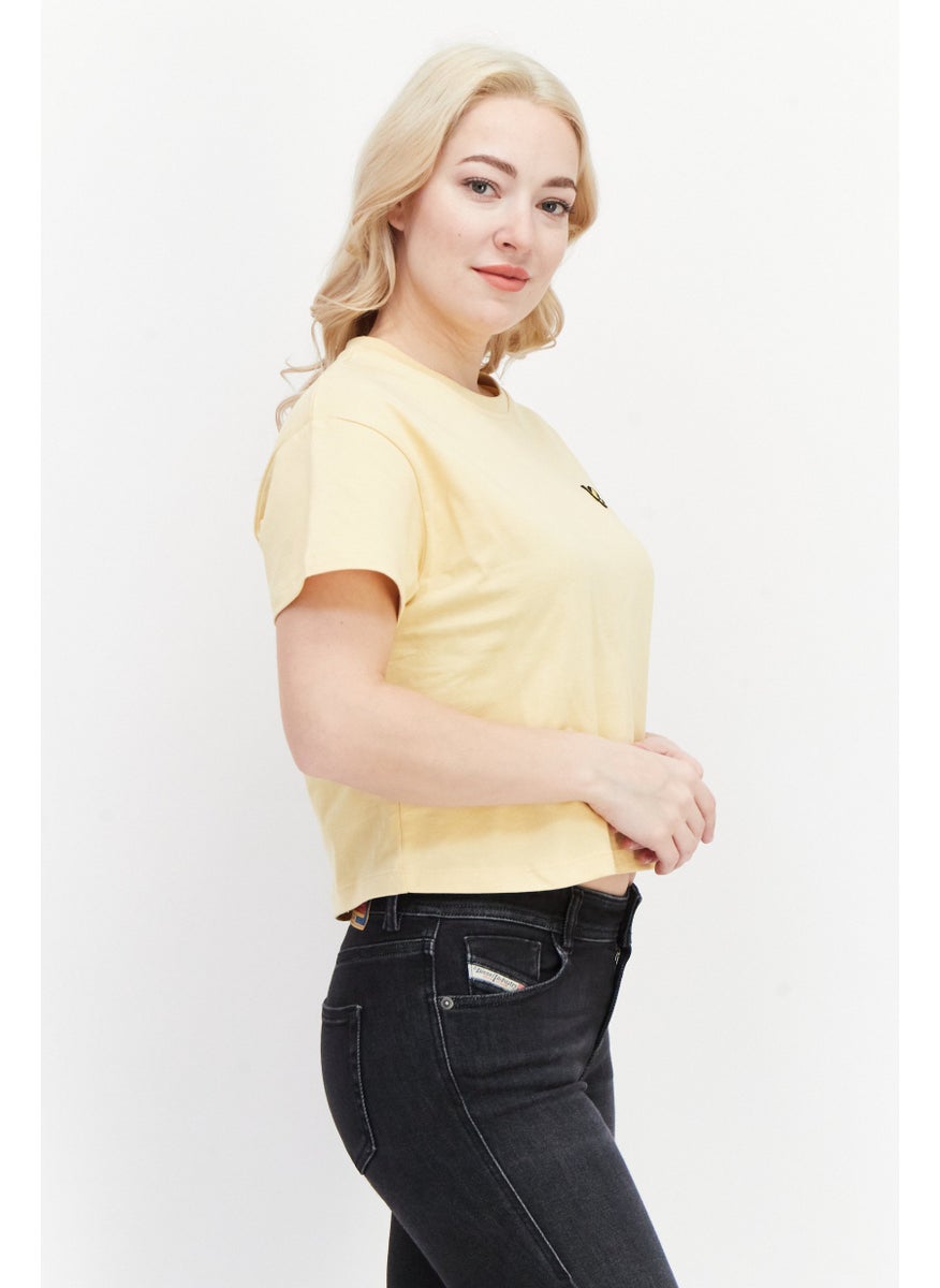 Women Crew Neck Short Sleeves Embroidered T-Shirt, Yellow