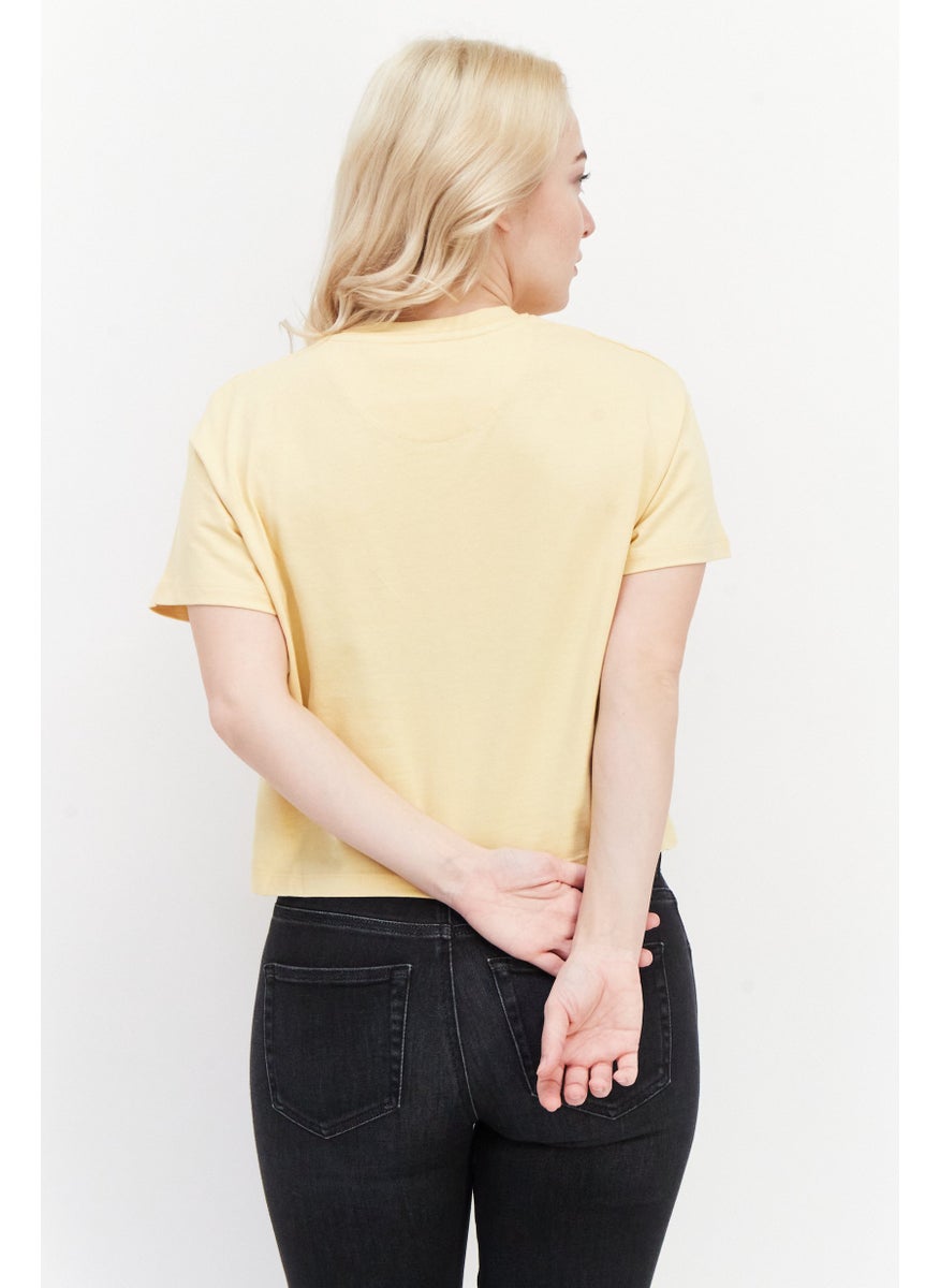 Women Crew Neck Short Sleeves Embroidered T-Shirt, Yellow