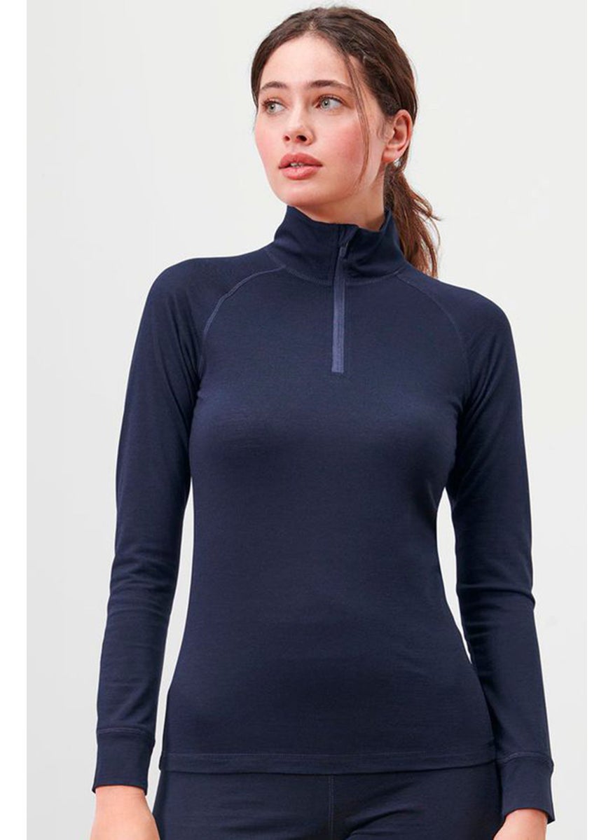 Women Sportswear Fit Long Sleeves Training Tops, Navy Blue