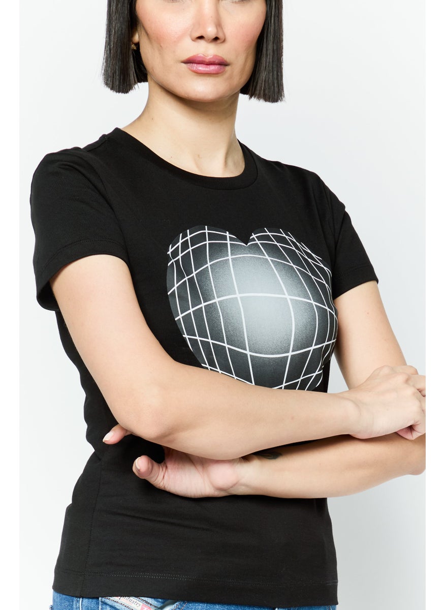 Women Crew Neck Short Sleeve Brand Logo T-shirts, Black