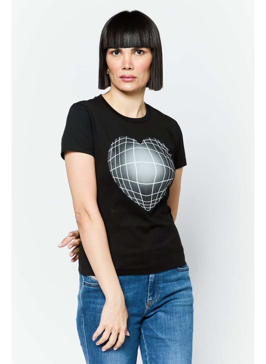 Women Crew Neck Short Sleeve Brand Logo T-shirts, Black